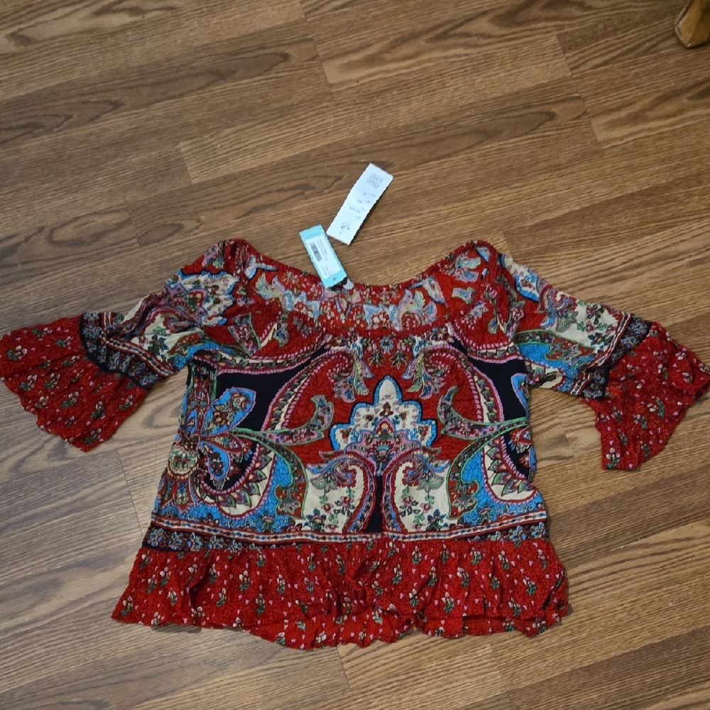 Patrons of Peace Red and Gray Flutter Sleeve Blouse